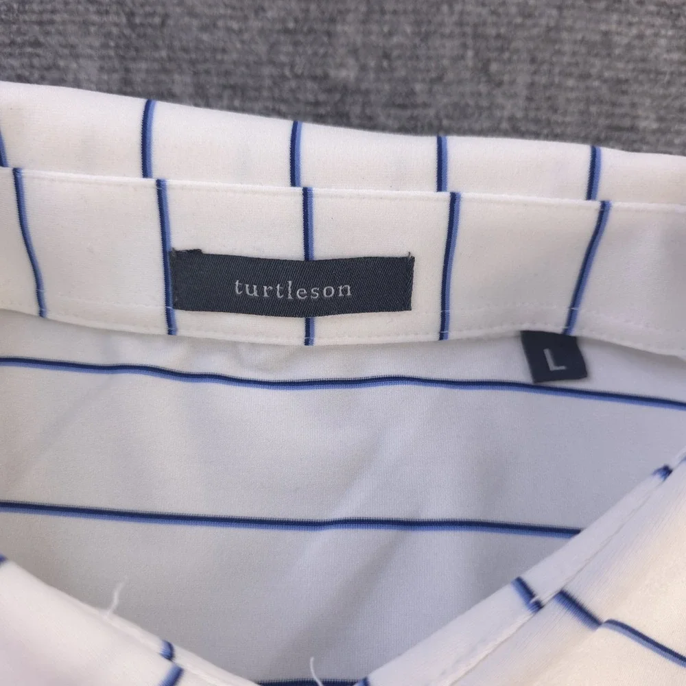 Turtleson Polo Large White Blue Striped Performance Stretch Short‎ Sleeve